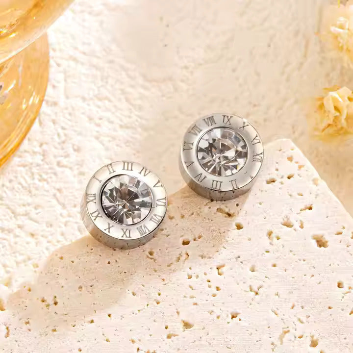 Roman Numeral Stud Earrings with CZ Center, Stainless Steel, Hypoallergenic, Gold, Silver & Rose Gold for Women & Men