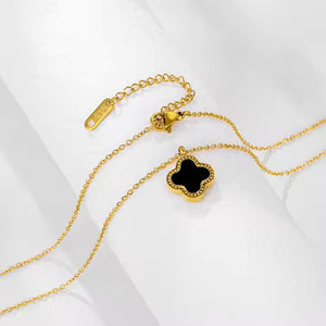 Gold Stainless Steel Clover Necklace – White, Pink & Black Crystal Charm – Dainty Pendant for Layered Looks