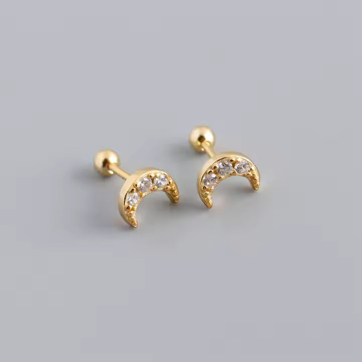 Dainty Stainless Steel Moon Stud Earrings for Women – CZ Crystals, Hypoallergenic, Available in Gold & Silver