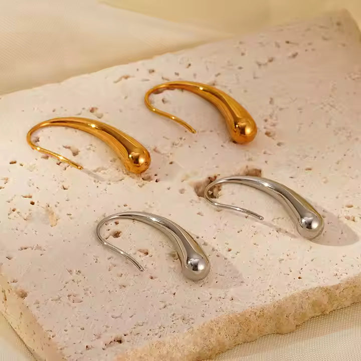 Minimalist Oval Loop Drop Earrings, Long Hook Dangle Earrings, Stainless Steel Design in Gold and Silver Tones