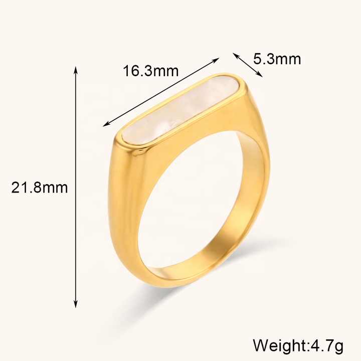 Gold Plated Oval Statement Ring – Stainless Steel Classic Band with Mother of Pearl or Black Onyx Inlay