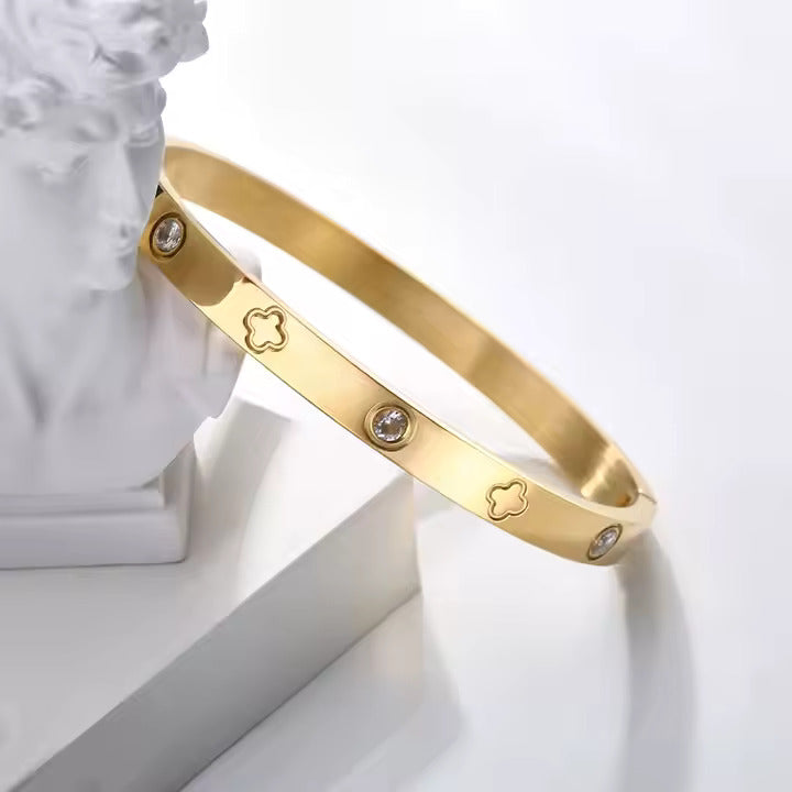 Clover Design CZ Bangle Bracelet, Stainless Steel with Cubic Zirconia, Gold, Silver & Rose Gold Colors Available