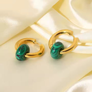 Boho Opal Huggie Earrings in Gold Plated Stainless Steel – Black, Green & White Gemstone Minimalist Hoop Set