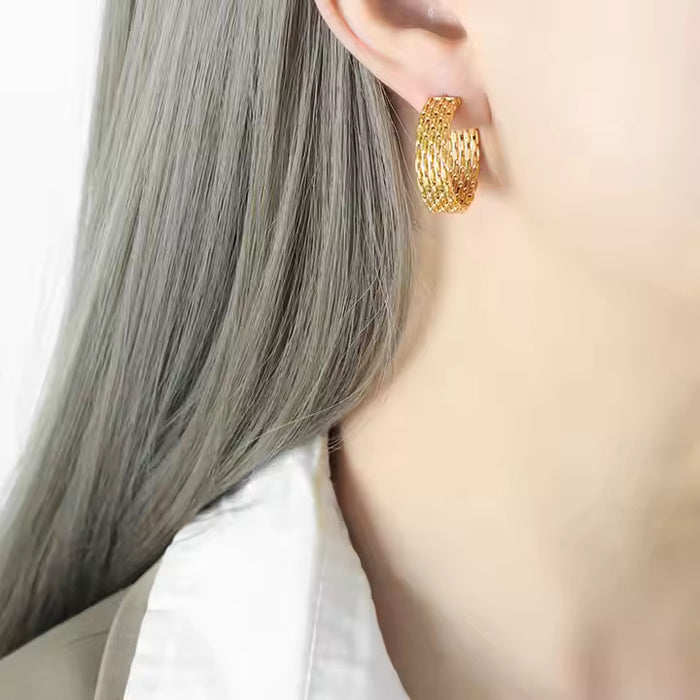 Gold Plated Stainless Steel Chunky Twist Circle Earrings – Bold Stud Huggie Style with Statement CC-Inspired Design