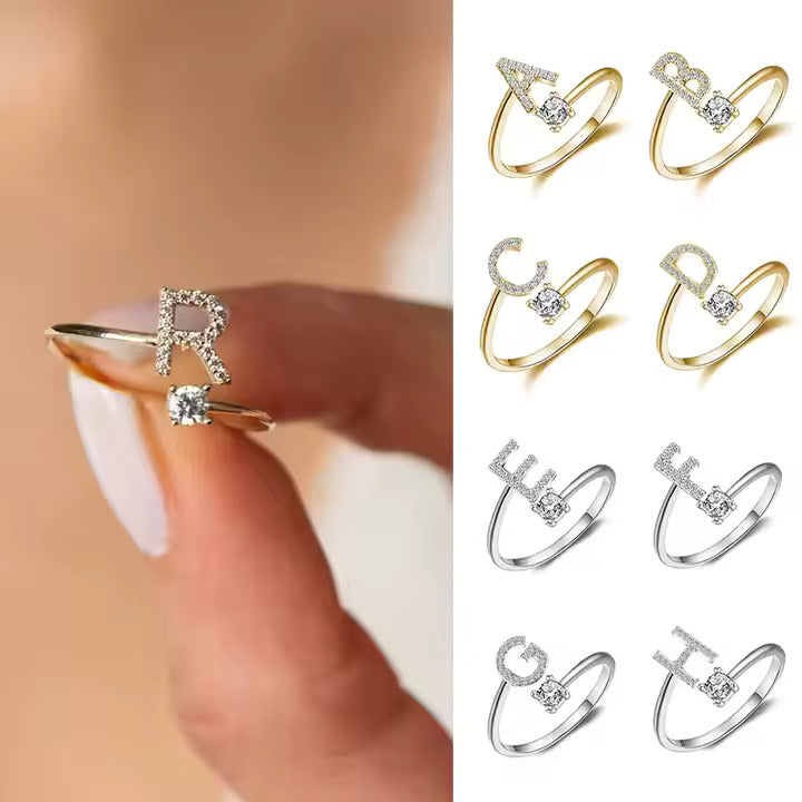 Adjustable Initial Letter Ring for Women, Stainless Steel A-Z Gold & Silver Rings with CZ, Personalized Gift Idea