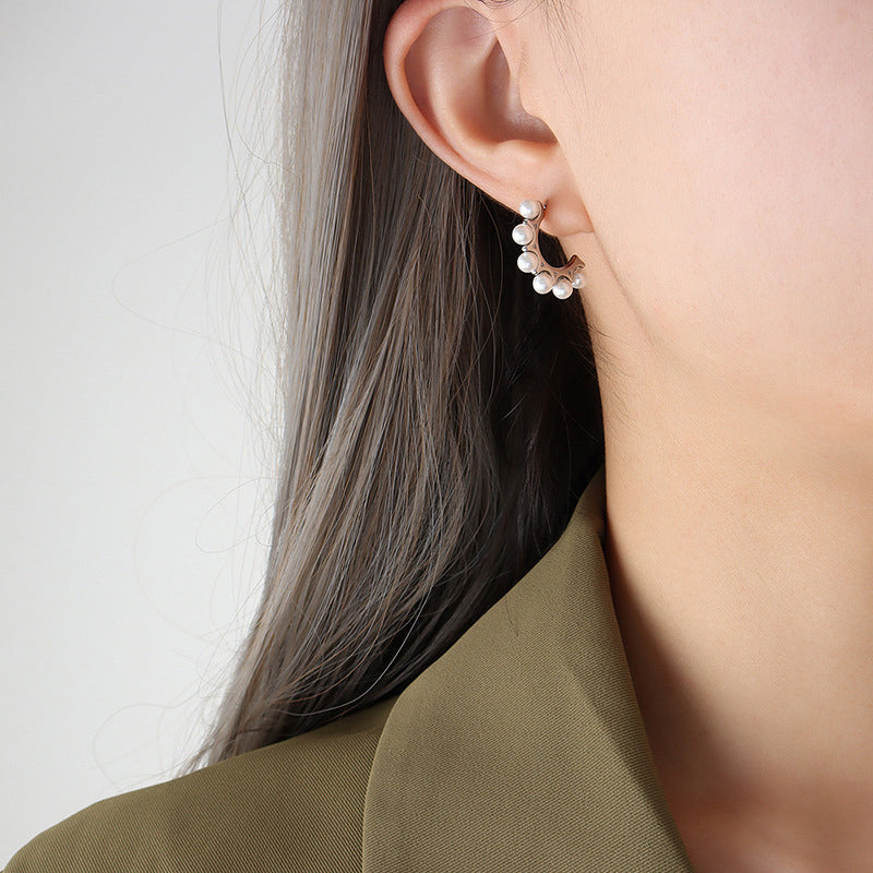 18K Gold Plated C-Shape Pearl Huggie Earrings for Women, Stainless Steel Minimalist Hoop in Gold or Silver Finish