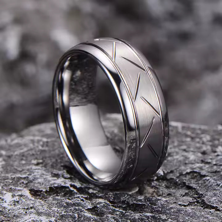 8mm Tungsten Carbide Wedding Band Ring – Domed Grooved Brushed Design – Comfort Fit for Men in Silver or Black