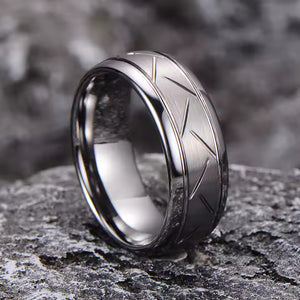 8mm Tungsten Carbide Wedding Band Ring – Domed Grooved Brushed Design – Comfort Fit for Men in Silver or Black