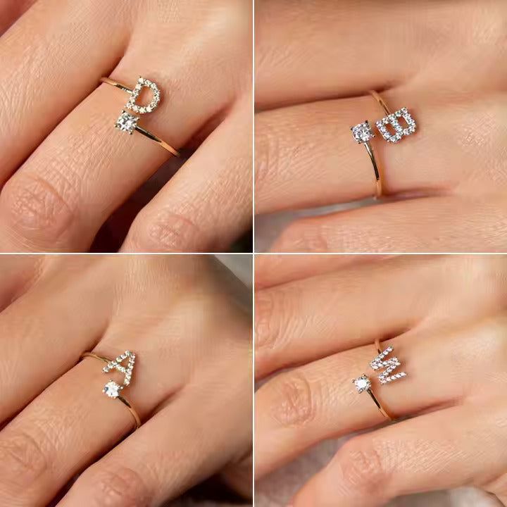 Adjustable Initial Letter Ring for Women, Stainless Steel A-Z Gold & Silver Rings with CZ, Personalized Gift Idea