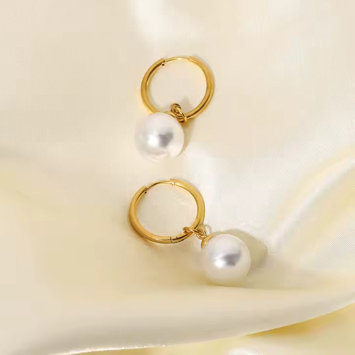 Gold Plated Stainless Steel Huggie Hoop Earrings with Drop Freshwater Pearl – Elegant Minimalist Dangle Style