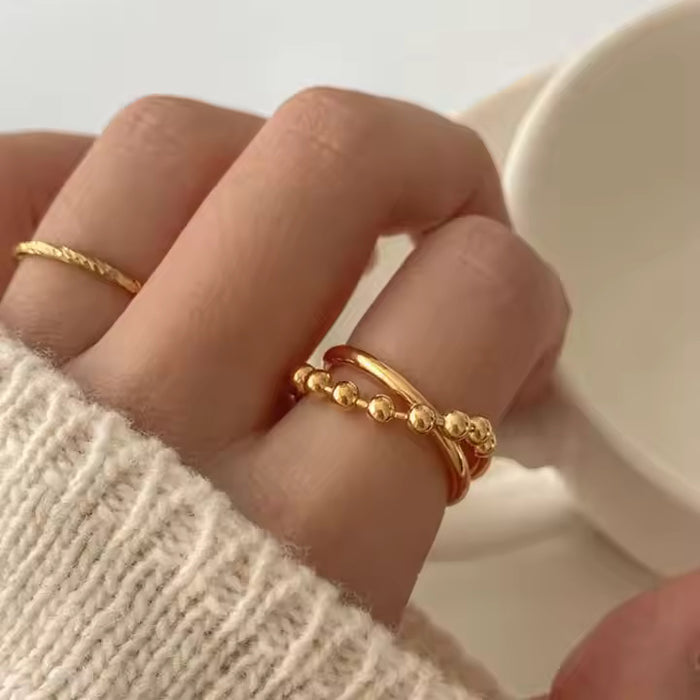 Double Layer Beaded Chain Ring – 18K Gold Plated Stainless Steel Statement Band with Minimalist Stacked Design