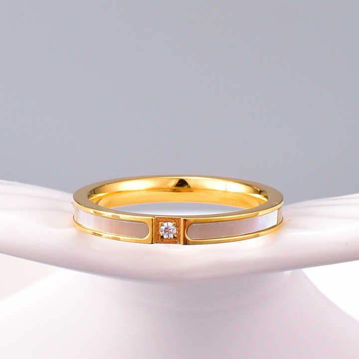 Stackable Ring with Mother of Pearl & CZ – 18K Gold Plated Stainless Steel, Elegant Dainty Band for Layering