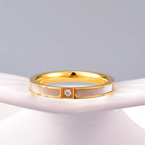 Stackable Ring with Mother of Pearl & CZ – 18K Gold Plated Stainless Steel, Elegant Dainty Band for Layering