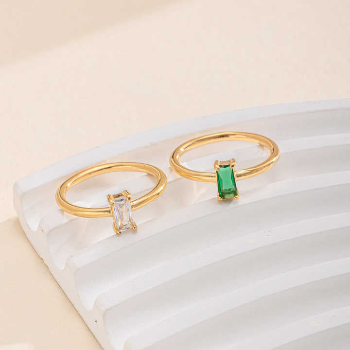 Emerald Cut Solitaire CZ Engagement Ring for Women, Gold Plated Stainless Steel, Dainty Rectangle Design