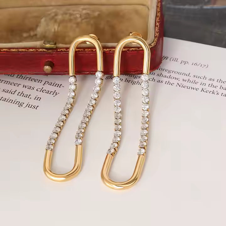 18K Gold Plated U-Shape CZ Drop Stud Earrings for Women, Geometric Stainless Steel Minimalist Dangle Jewelry