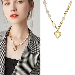 Gold Plated Stainless Steel Linked Pearl Chain Necklace with Heart Pendant – Boho Style Statement Jewelry for Women