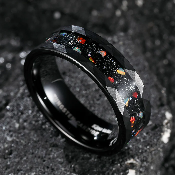 8mm Tungsten Carbide Ring with Galaxy Opal Meteorite Inlay – Hammered Finish Wedding Band for Men – Black or Silver Color