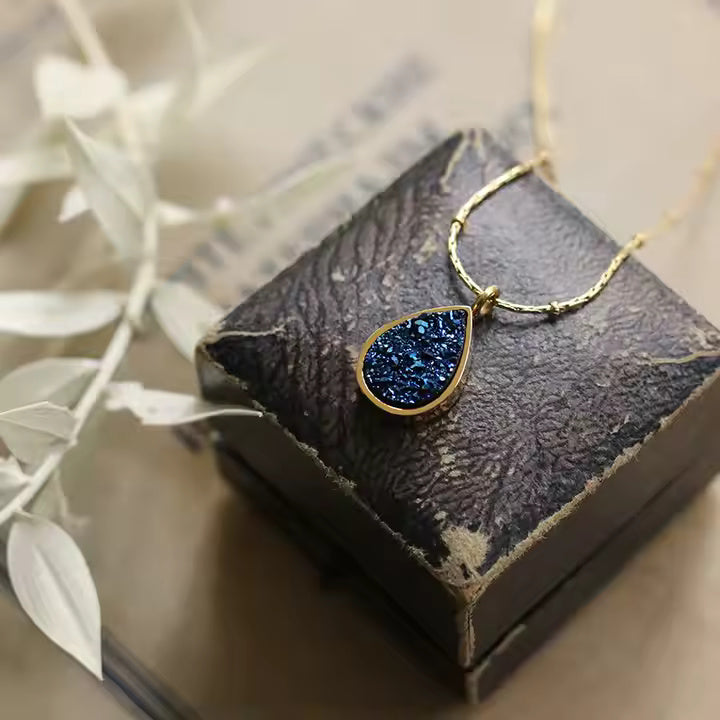 Teardrop Crushed Blue Crystal Necklace, Stainless Steel, Gold Plated Beaded Chain, Elegant Minimalist Jewelry