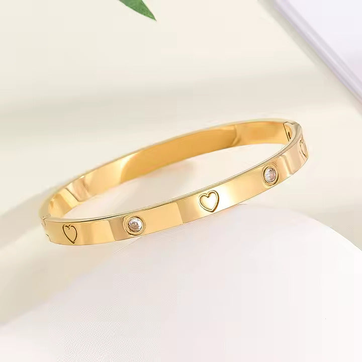 Heart Engraved CZ Bangle Bracelet, Stainless Steel with Sparkling Cubic Zirconia in Gold, Silver, Rose Gold