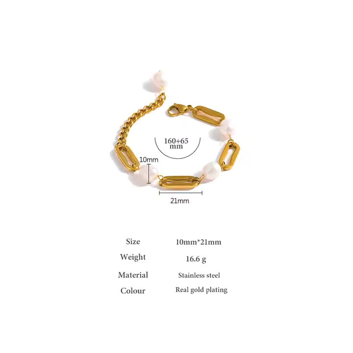 18K Gold Plated Stainless Steel Freshwater Pearl Bracelet – Chunky Gold Link Chain Minimalist Jewelry for Women