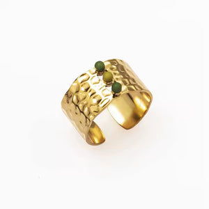 Adjustable Wide Nature Stone Ring – Minimalist 18K Gold Plated Stainless Steel Band with Natural Gemstone Inlay