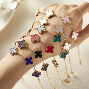 Gold Stainless Steel Clover Bracelet – Pink, White & Black Crystal Inlay – Dainty 4-Leaf Design for Layered Looks