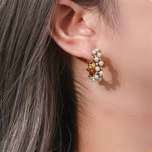 Gold Plated C-Shape Huggie Stud Earrings with Pearl & CZ, Double Line Stainless Steel Hoop Earrings for Women