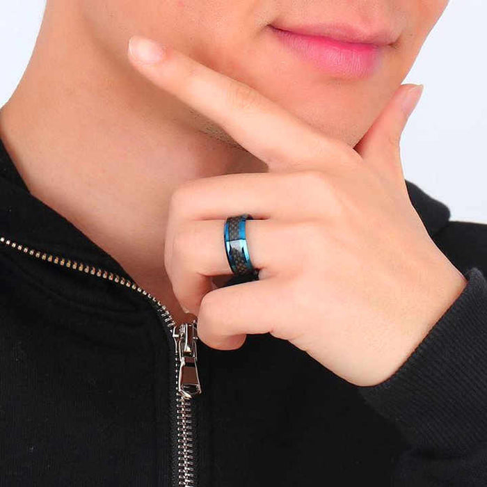 8mm Tungsten Carbide Ring for Men with Black Carbon Fiber Inlay – Available in Blue or Silver Finish – Wedding Band
