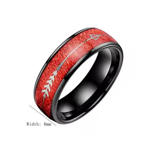 8mm Black Tungsten Carbide Ring with Red or Blue Meteorite Inlay and Deer Arrow Design – Hunter Wedding Band