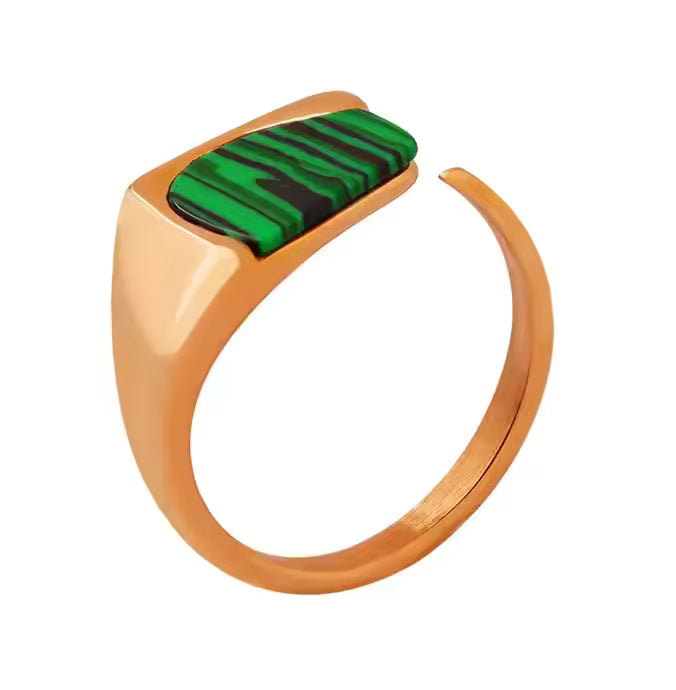 Adjustable Malachite Ring – Stainless Steel Statement Jewelry in Gold, Rose Gold, or Silver with Green Stone Accent