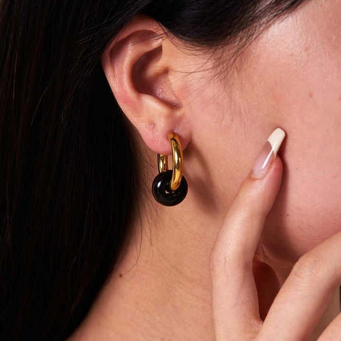 Boho Opal Huggie Earrings in Gold Plated Stainless Steel – Black, Green & White Gemstone Minimalist Hoop Set
