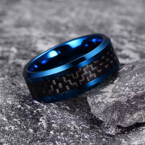 8mm Tungsten Carbide Ring for Men with Black Carbon Fiber Inlay – Available in Blue or Silver Finish – Wedding Band
