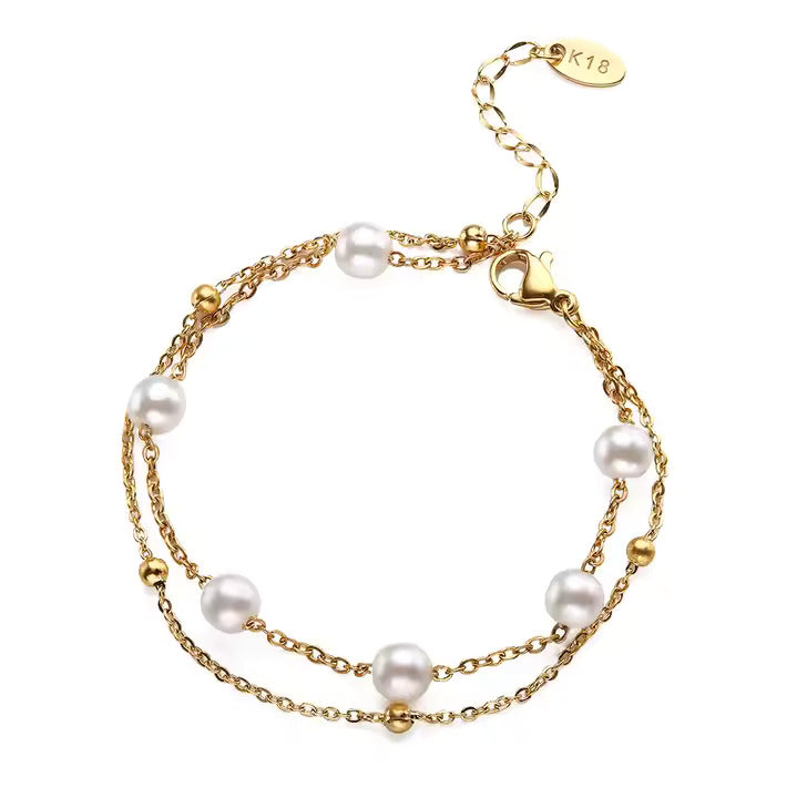 Dainty Pearl Beaded Chain Bracelet, Double Layer Stainless Steel in Gold or Silver, Adjustable Fit