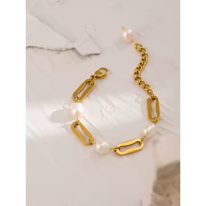 18K Gold Plated Stainless Steel Freshwater Pearl Bracelet – Chunky Gold Link Chain Minimalist Jewelry for Women