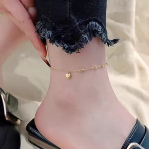 Gold Plated Stainless Steel Tiny Heart Beaded Anklet – Delicate Summer Charm Chain for Casual & Beach Style