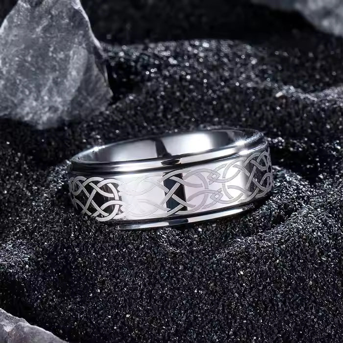 8mm Tungsten Carbide Wedding Band – Laser Engraved Celtic Knot Ring with Stepped Edges and Matte Brushed Finish