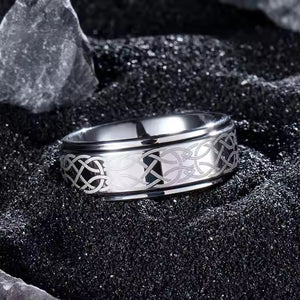8mm Tungsten Carbide Wedding Band – Laser Engraved Celtic Knot Ring with Stepped Edges and Matte Brushed Finish