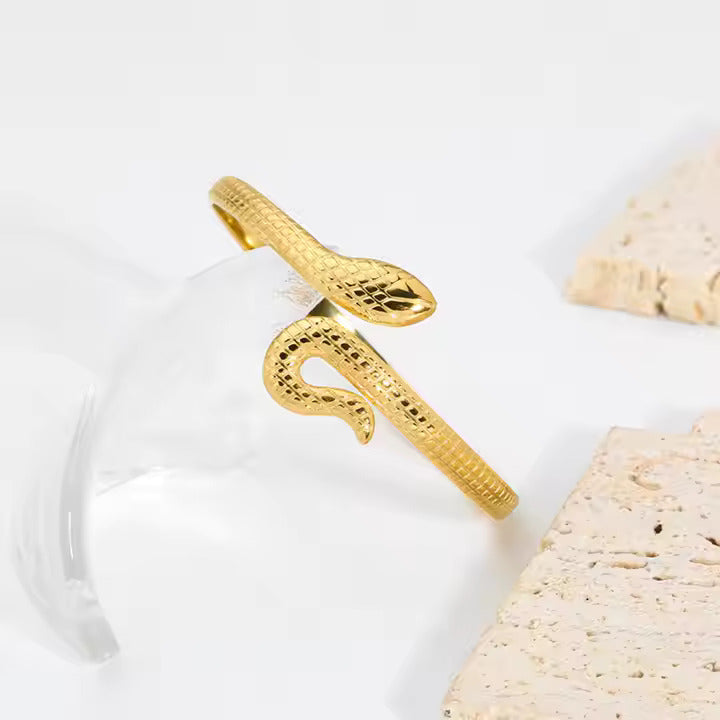 Gold Snake Cuff Bracelet for Women, Textured Stainless Steel Serpent Bangle – Bold Minimalist Jewelry Statement
