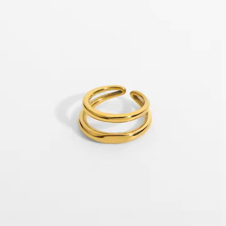 Adjustable Double Layer Open Ring – 18K Gold Plated Stainless Steel, Minimalist Bold Design, Everyday Statement Band