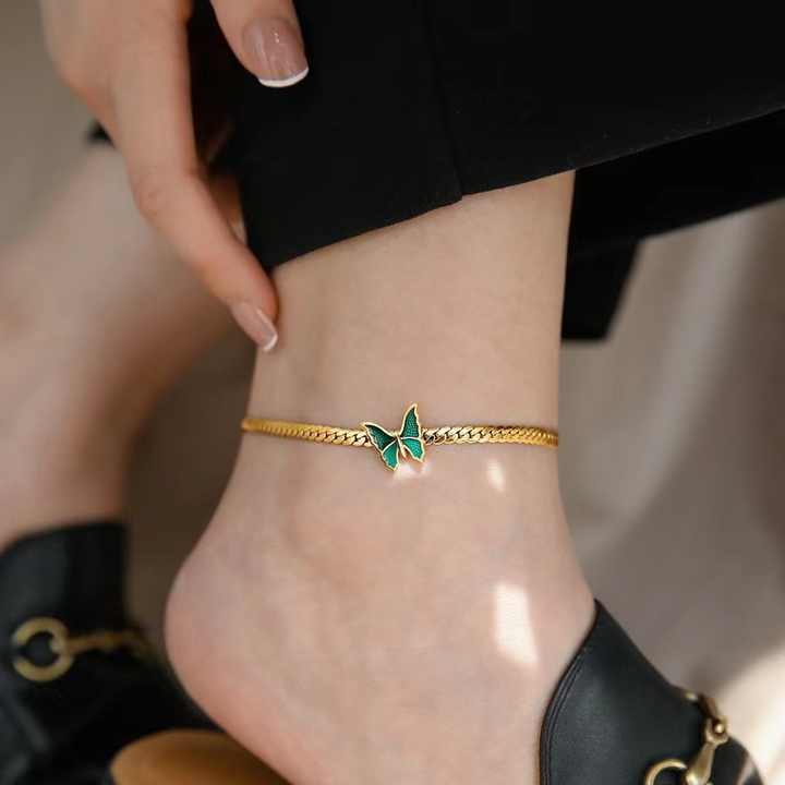 Gold Plated Stainless Steel Green Butterfly Anklet – Dainty Women’s Chain Ankle Bracelet for Summer & Beachwear