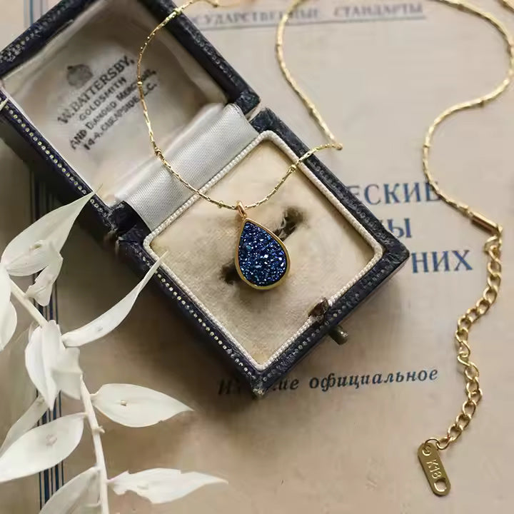 Teardrop Crushed Blue Crystal Necklace, Stainless Steel, Gold Plated Beaded Chain, Elegant Minimalist Jewelry
