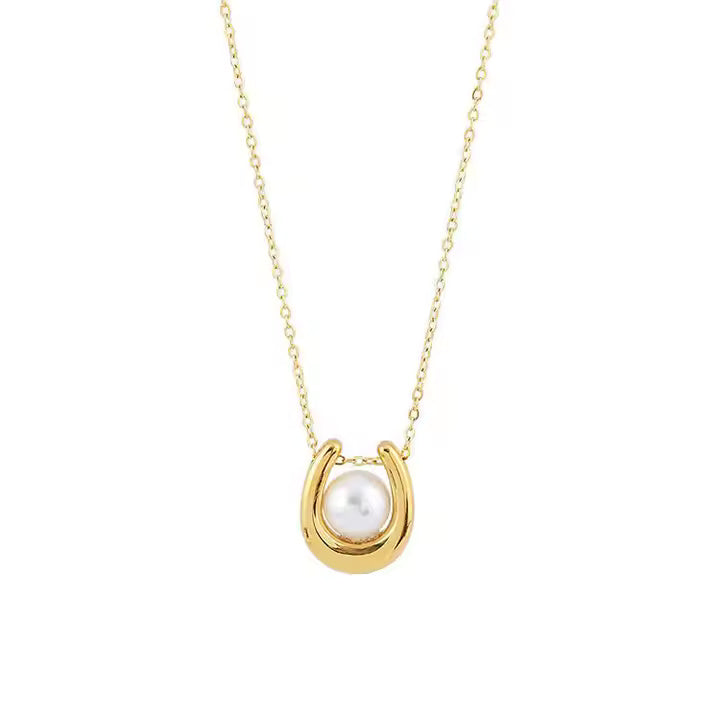 Gold Plated Stainless Steel Horseshoe Pendant Necklace with Pearl – U Shape Lucky Charm Minimalist Jewelry