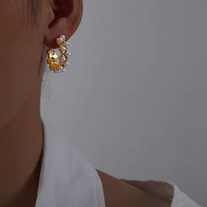 Gold Plated C-Shape Huggie Stud Earrings with Pearl & CZ, Double Line Stainless Steel Hoop Earrings for Women