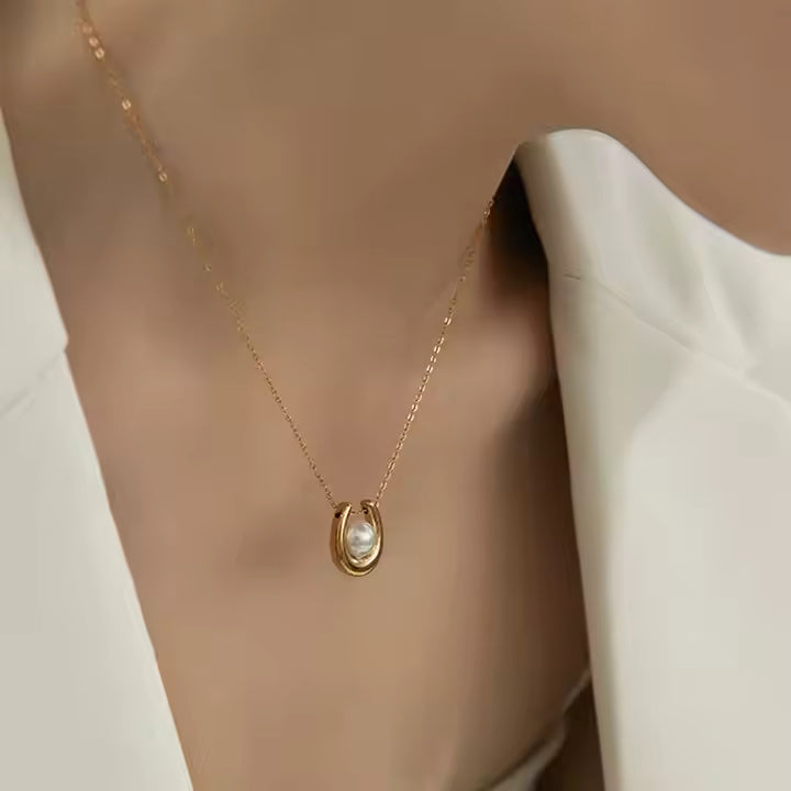 Gold Plated Stainless Steel Horseshoe Pendant Necklace with Pearl – U Shape Lucky Charm Minimalist Jewelry