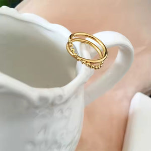 Double Layer Beaded Chain Ring – 18K Gold Plated Stainless Steel Statement Band with Minimalist Stacked Design