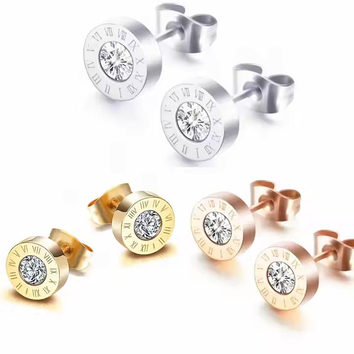 Roman Numeral Stud Earrings with CZ Center, Stainless Steel, Hypoallergenic, Gold, Silver & Rose Gold for Women & Men