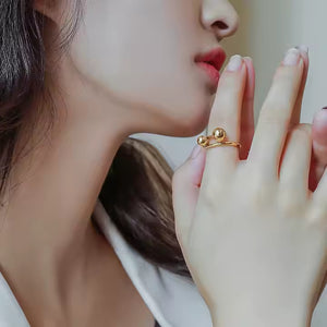 Beaded Knot Stainless Steel Ring – Double Ball Minimalist Fixed Band in Gold or Silver for Everyday Chic Style