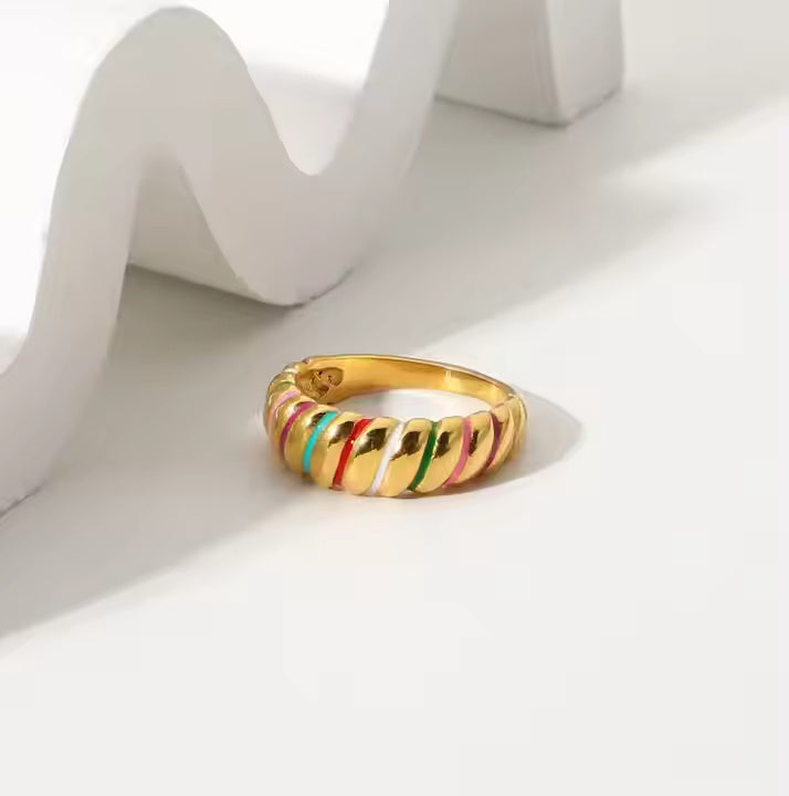 Colorful Enamel Croissant Dome Ring – 18K Gold Plated Stainless Steel, Bold Chunky Band, Modern Statement Jewelry
