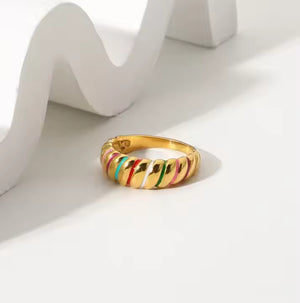 Colorful Enamel Croissant Dome Ring – 18K Gold Plated Stainless Steel, Bold Chunky Band, Modern Statement Jewelry