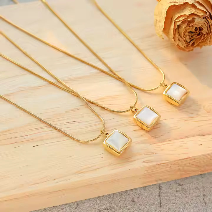 Gold Stainless Steel Necklace with Cushion Mother of Pearl Pendant, Twisted Chain, Elegant Minimalist Jewelry